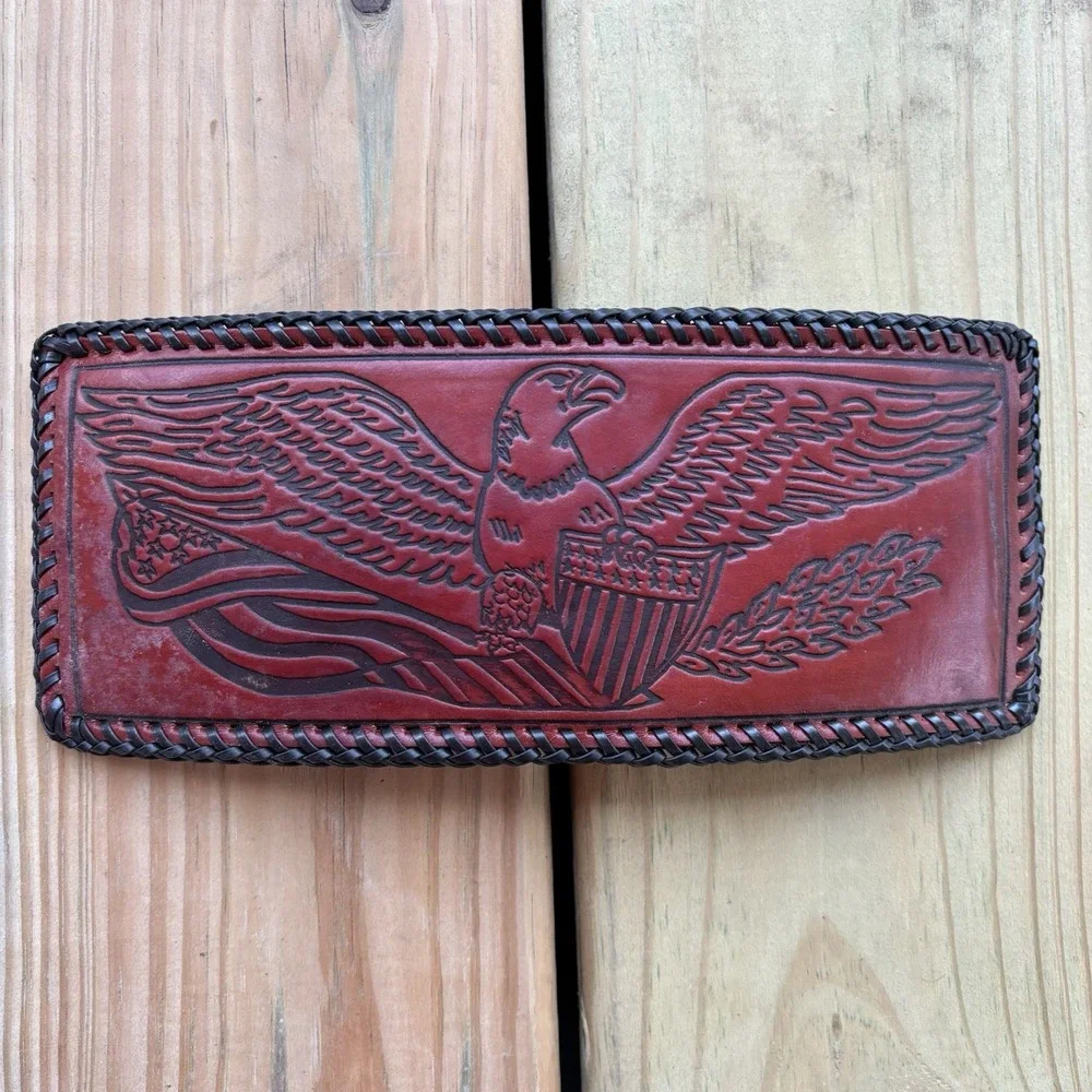 Vintage Eagle Leather Wallet Bifold Whipstitch Hand Tooled USA Made Freedom